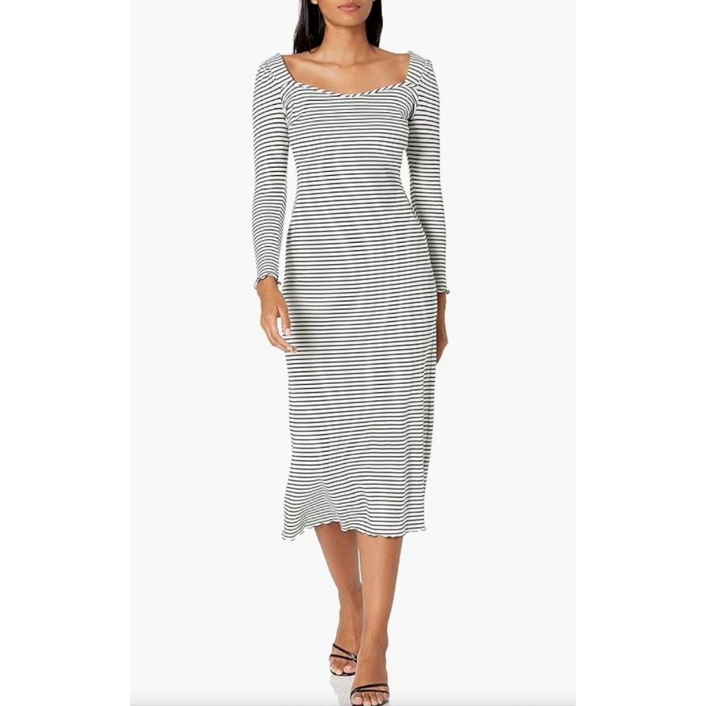 Maggy London Midi Dress Womens 14 Black White Stripe Waffle Knit Career Casual